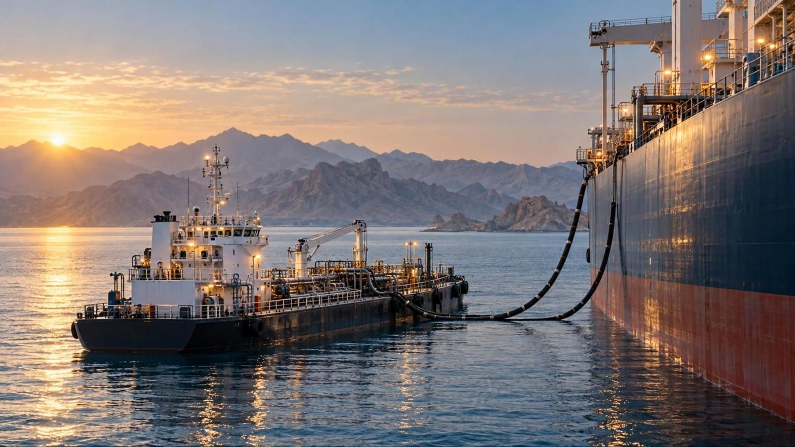 Bunkering vessel alongside a tanker at sunset