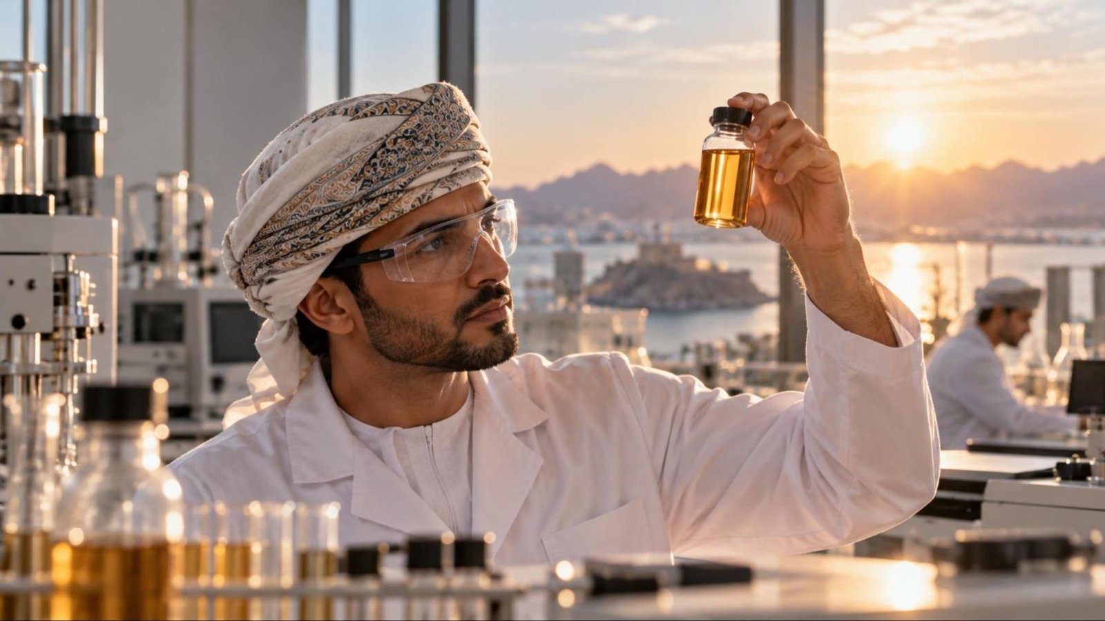 مختص يفحص عيّنة وقود في مختبر