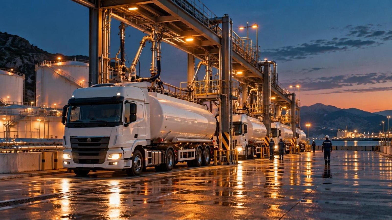 Tanker trucks at a loading bay at night