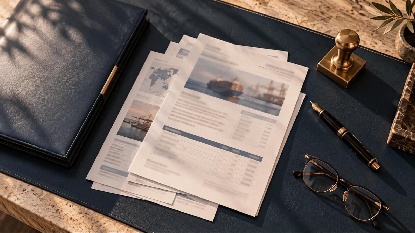 Trade documents and a pen on a desk